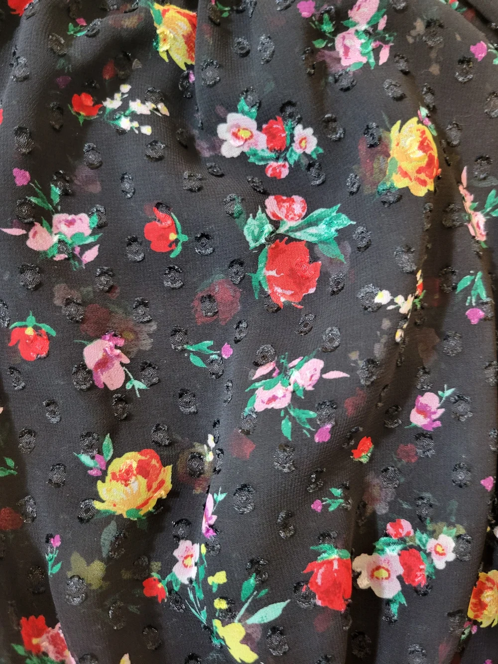 Banana Republic (Women's L) Semi-Sheer Swiss Dot Black Floral Peasant Blouse - Picture 7 of 10